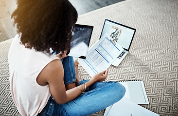 Image showing Tablet, finance and woman with work from home budget, documents and planning startup, fashion and business. Person on digital tech, carpet floor and analysis of profit, taxes and financial paperwork