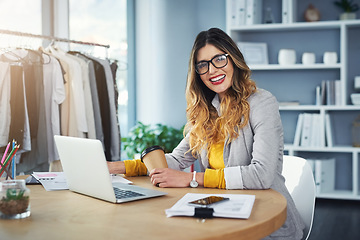 Image showing Fashion, laptop and portrait of woman designer with coffee and happy for startup company growth in sales. Ecommerce, retail and working small business entrepreneur of a boutique in a office