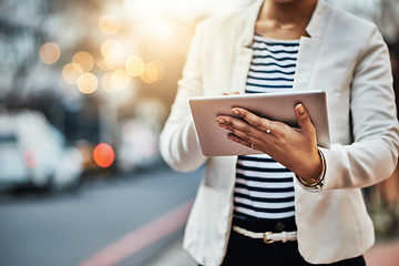 Image showing Tablet, city and hands of woman typing for networking, online website and social media in street. Communication, business commute and female person on digital tech for internet, research and contact