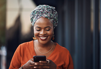 Image showing Black woman, happiness and phone text with online communication and networking. Happy, smile and female business employee on a mobile with social media and internet scroll reading a web message