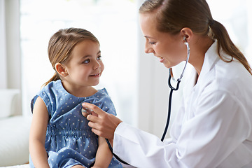 Image showing Woman, child and stethoscope of pediatrician for healthcare consulting, check lungs and listening to heartbeat. Medical doctor, girl kid and chest assessment in clinic, hospital and patient wellness