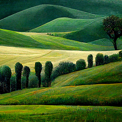 Image showing Well known Tuscany landscape with grain fields, cypress trees an