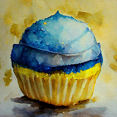 Image showing Yellow and blue watercolor cupcake. Delicious vanilla cake with 