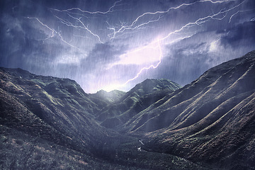 Image showing Sky, thunderstorm and mountain with bad weather, nature and environment with a storm. Forest, hills and rain with lighting, rivers or majestic view with beauty landscape or winter with ecology