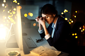 Image showing Stress, night or businesswoman with office headache pain from job pressure, burnout or company fatigue. Bad migraine problem, anxiety or tired girl employee depressed or frustrated by late deadline