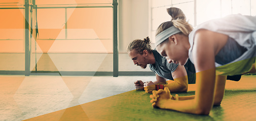 Image showing Fitness, people and plank exercise at gym together for training workout. Athlete man and woman team on ground for power challenge, commitment or strong muscle at wellness club with mockup and overlay