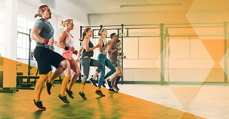 Image showing Group, gym exercise and cardio training or fitness, workout and class, club or team running or challenge, practice or healthy routine. People, personal trainer or friends exercising with banner space