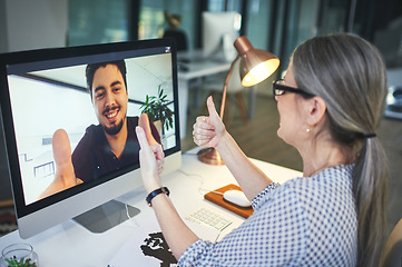 Image showing Online meeting, thumbs up and business team in agreement on video call or webinar of a startup company. Yes, thank you and colleagues or woman talking to employee on internet conference or interview