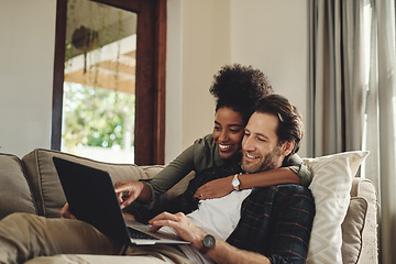 Image showing Laptop, relax and diversity with a couple watching a movie using an online subscription service for entertainment. Computer, streaming or internet with a man and woman bonding together over a video