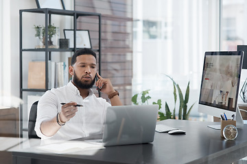 Image showing Laptop, phone call and planning with a business man at his desk in the office for communication or networking. Computer, mobile and contact with a male employee working online for company negotiation