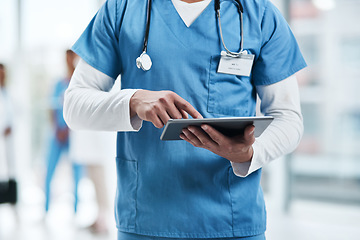 Image showing Medical, doctor hands and tablet with a man in a clinic reading healthcare and data at hospital. Employee, nurse and male person typing with digital and health results on technology with research