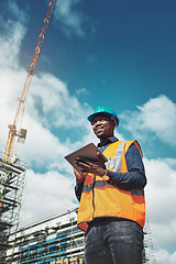 Image showing Engineer man, construction and thinking with a tablet for project management, development and architecture. Happy black male contractor with mobile app for engineering, inspection or planning outdoor