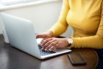 Image showing Typing, computer and woman hands for planning, website research and creative blog with remote work or opportunity, Startup, software and person search job on laptop, copywriting ideas or inspiration