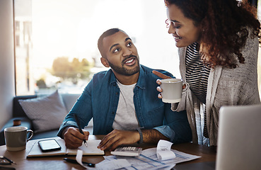 Image showing Couple, budget and finance, bills with paperwork of financial information, happy with savings and income. Mortgage, insurance and taxes, man and woman at table with bookkeeping and home accounting