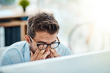 Image showing Business man, headache and pain, tired or fatigue in office while working on pc. Burnout, migraine and male person with depression, vertigo or brain fog, anxiety or mental health, stress or problem.