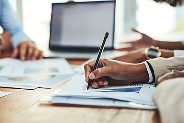 Image showing Business people, hands and writing in meeting, analytics or company statistics at the office desk. Hand of employee analyst in document planning, strategy or corporate marketing analysis at workplace