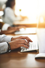 Image showing Hands, office or businessman typing on computer networking for project or online research at desk. Person, closeup or male worker copywriting on startup blog report or digital article with keyboard