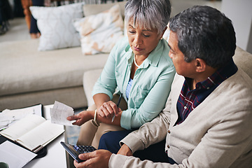 Image showing Elderly couple, finance budget and life insurance discussion with banking details and bills. Retirement fund, senior people and communication in a home living room with paperwork and contract