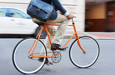 Image showing Travel, bicycle and legs of business man in a road riding to work or appointment in a street. Carbon footprint, cycling and shoes of male on bike traveling in a city on eco friendly transportation