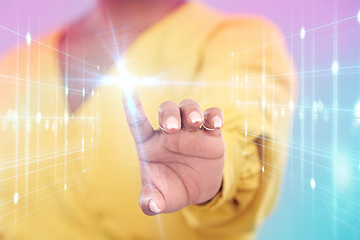 Image showing Touch, digital lights and woman hand isolated on a neon background in holographic, metaverse and futuristic technology. Finger, screen and person hologram, networking overlay or software in studio