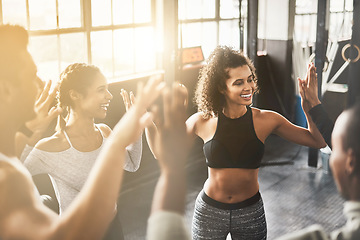 Image showing Laughing, high five and collaboration of people in gym for fitness, team building and solidarity. Teamwork, group of friends and celebration for sports targets, goal or support, success or trust.