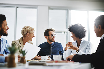 Image showing Business people, team meeting and planning with company contract and deal with conversation. Staff, communication and paperwork with a businessman with diversity coworkers working on a job strategy