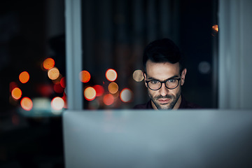 Image showing Night, computer and programming with business man in office for internet, coding or software development. Technology, cloud computing and cyber security with male programmer for app, developer and it