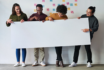 Image showing Business, creative and staff with a poster, mockup and opportunity with ideas, teamwork and collaboration. Group, employees or coworkers with banner, paper and ideas for promotion, choice or decision