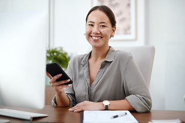 Image showing Phone, office portrait and business woman with social media networking, communication and typing on internet. Happy face of asian person, worker or employee on mobile app for career planning and chat