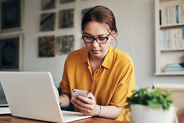 Image showing Phone, business and search with woman in home office for networking, social media and remote worker. Communication, contact and internet with female freelancer for technology, blog and email planning