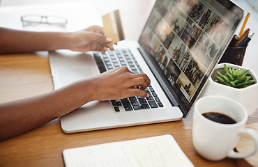 Image showing Laptop, hands and payment with credit card for online shopping, e-commerce or internet store. Closeup of female entrepreneur at desk with keyboard for banking, booking or fintech website for business