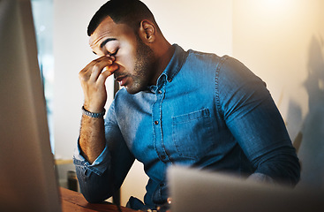 Image showing Migraine, burnout and businessman working in office at night with computer for corporate research. Stress, headache and professional African employee working overtime on deadline project in workplace