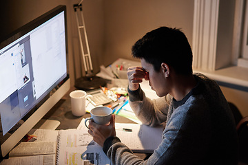 Image showing Man, studying and headache in night by computer for test, assessment or stress in college dorm room. Male university student, tea cup or burnout with anxiety, fatigue or tired with books for learning