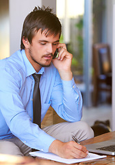 Image showing Cellphone, businessman on call and paperwork or document of schedule. Communication or consulting, man multitasking holding pen and smartphone taking notes of corporate information at office