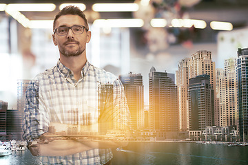 Image showing Business man, double exposure and arms crossed by cityscape in portrait with confidence, career or overlay at job. Businessman, holographic city and metro buildings in workplace with entrepreneurship