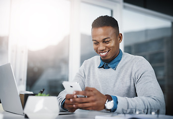 Image showing Business, smile and man with a smartphone, mobile app or connection at the workplace. Male professional, consultant or employee with a cellphone, communication or entrepreneur with social media