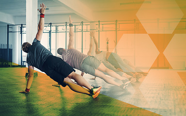 Image showing Fitness people, gym and group side plank exercise, workout and training in class. Athlete men and women from back for power challenge, commitment or strong muscle at a club with mockup overlay