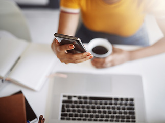 Image showing Hands, searching on smartphone with laptop, coffee and work in home office or shopping, browsing and mobile communication. Closeup, woman and social media, internet or online, work or ecommerce