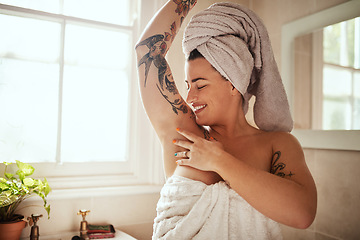 Image showing Cleaning, armpit and woman in bathroom happy for smooth arms, healthy skin and wellness at home. Skincare, beauty and female person touch body for grooming, shower scent and hair removal for hygiene