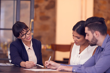 Image showing Happy people, financial advisor and consulting couple for contract, loan application and asset management. Finance consultant, meeting and sign paperwork for banking investment, policy and insurance