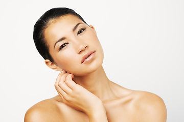 Image showing Natural beauty, woman and makeup portrait with skincare and dermatology with mockup. Isolated, white background and young Asian female person with face and skin glow from cosmetics and treatment