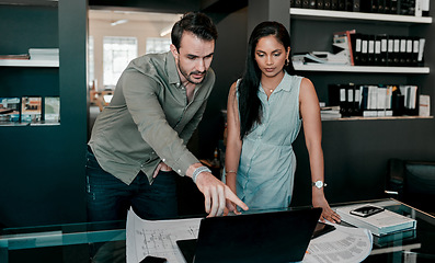 Image showing Laptop, people with construction paper of plan on desk and architecture in modern office. Engineering, teamwork or collaboration at work and coworkers planning or development with blueprint.