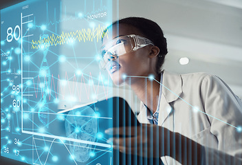 Image showing Woman, doctor and digital transformation in medical research, statistics or data at the hospital. Female healthcare professional looking at technology dashboard for futuristic science and innovation
