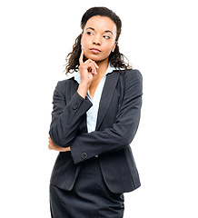 Image showing Business woman, thinking finger hand on isolated white background in finance growth goals, target or future vision. Corporate, worker or employee suit and ideas, financial strategy planning or mockup
