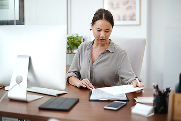 Image showing Documents, clipboard and business woman in office for company report, proposal or policy management. Contract analysis and professional asian person reading paperwork or checklist for insurance check