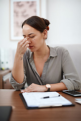 Image showing Documents, headache and business woman in office with career burnout, mental health risk and paperwork. Brain fog, problem or pain of asian person or employee for fatigue, stress or anxiety and notes