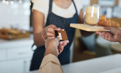 Image showing Woman, hands and waitress with customer credit card for payment, purchase or food on counter at cafe. Hand of barista and client giving debit for transaction, buying or paying at coffee shop checkout