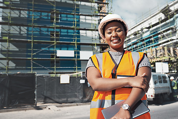 Image showing Engineer, construction site and portrait of a black woman outdoor for development and architecture. African female contractor happy about building project, engineering and safety inspection in city