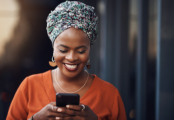 Image showing Black woman, happiness and phone typing with online communication and networking. Happy, smile and business employee on a mobile with social media and internet scroll reading a web message with joy