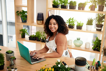 Image showing Laptop, portrait and plant with woman in small business for planning, networking and website. Entrepreneurship, startup and technology with African female botanist for nature, green and garden shop